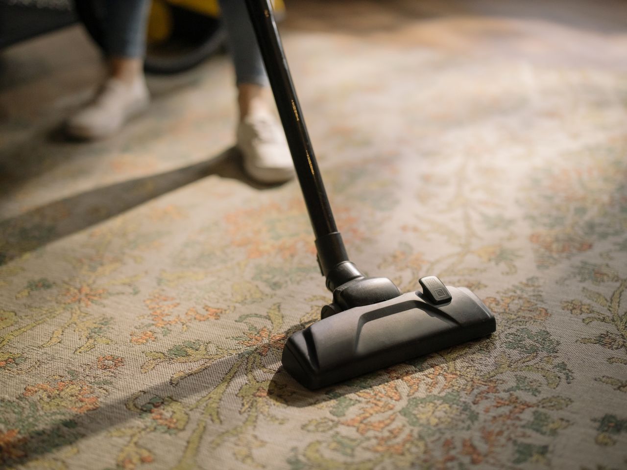 services-09 Close-up of a vacuum cleaner on a patterned carpet in a sunlit room, capturing a moment of household cleaning.